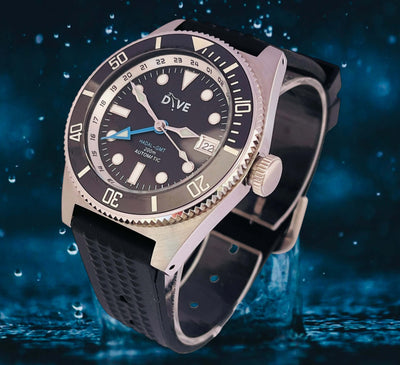 Hand-built GMT divers watch HADAL'65 GMT with black silicone strap and water backdrop, 200m automatic watch.